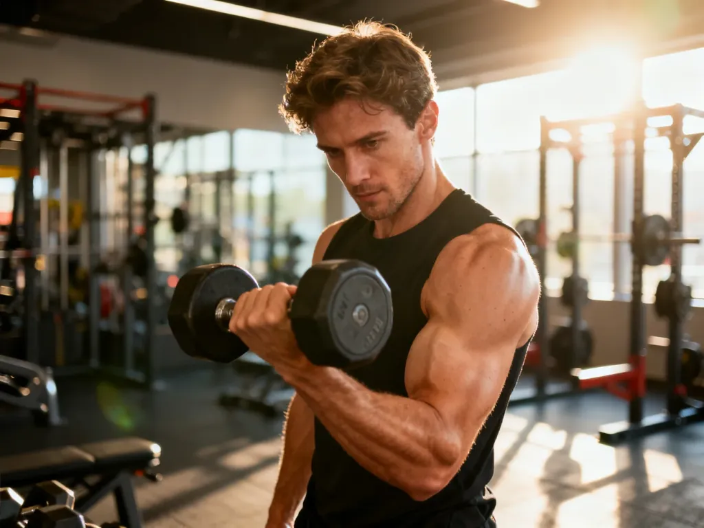 Wysportowany mężczyzna wykonuje uginanie ramion z hantlami w nowoczesnej siłowni, skupiając się na treningu bicepsów.