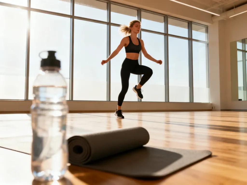 Wysportowana kobieta wykonuje pajacyki w nowoczesnej sali gimnastycznej, prezentując dynamiczne ćwiczenie cardio.