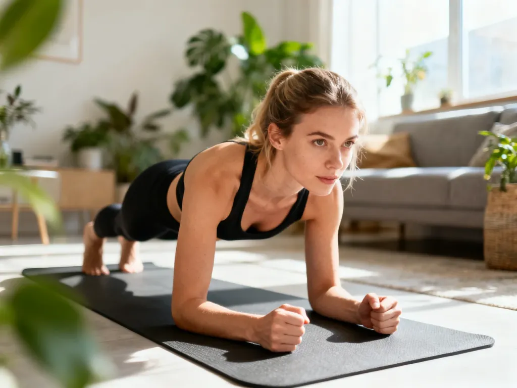 Kobieta wykonująca deskę (plank) na macie do jogi w nowoczesnym salonie, prezentująca domowy trening fitness.