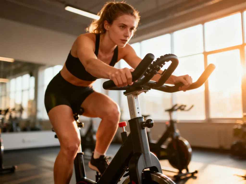 Wysportowana kobieta intensywnie trenuje na rowerze stacjonarnym w nowoczesnym studio fitness.