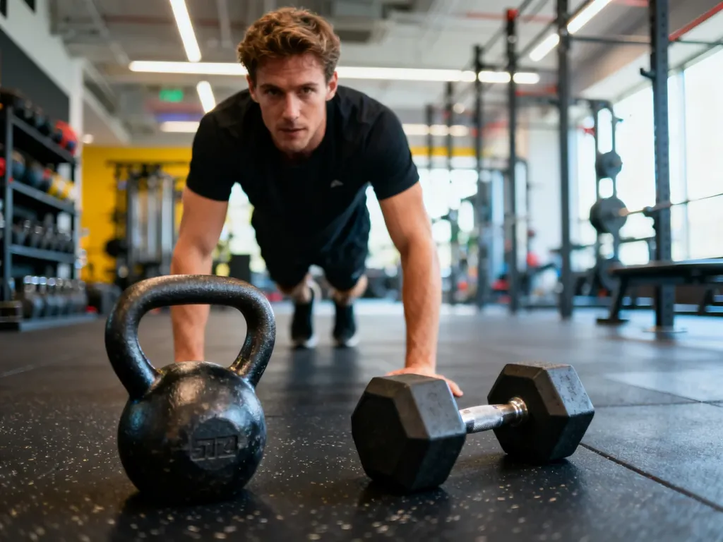 Mężczyzna wykonuje intensywny trening obwodowy na siłowni, w otoczeniu hantli i odważników kettlebell.