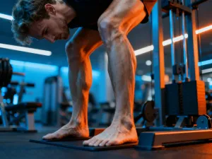 Wysportowana kobieta intensywnie trenuje na rowerze stacjonarnym w nowoczesnym studio fitness.