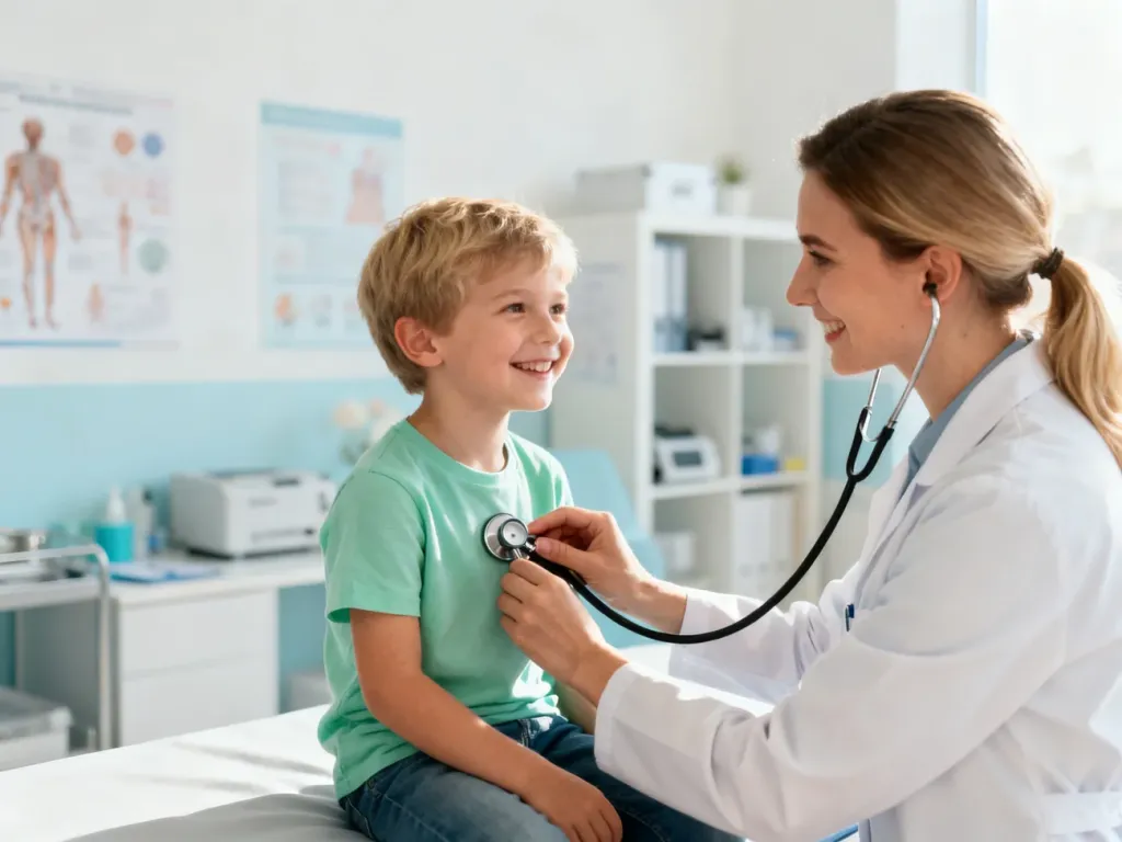 Uśmiechnięte dziecko badane stetoskopem przez pediatrę w jasnym gabinecie, symbol bezpiecznej opieki w pakiecie medycznym.